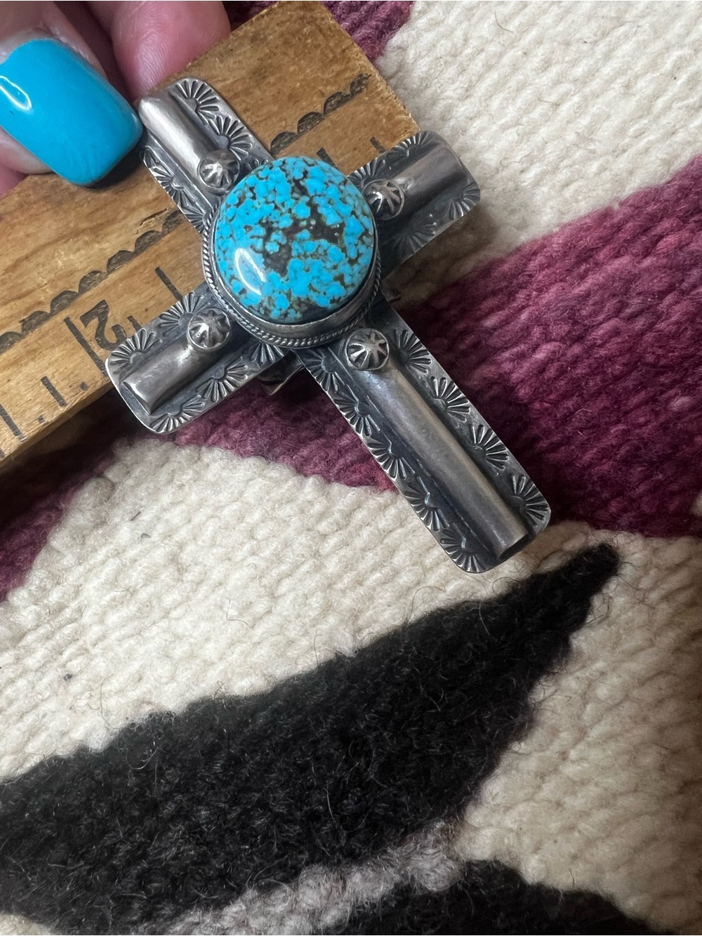 Sandra Nez Navajo Kingman Turquoise Sterling Silver Cross Ring Size 10 - Picture 15 of 15